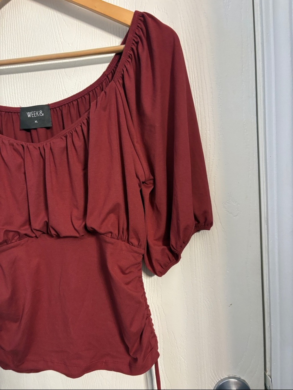 Weekday Burgundy Off-Shoulder Puff-Sleeve Ruched Tie Blouse - Picture 4 of 9